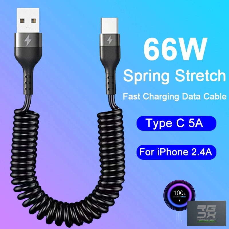 RUGGEDXGEAR | 66W 5A USB TYPE C DATA CABLE SPRING PULL TELESCOPIC